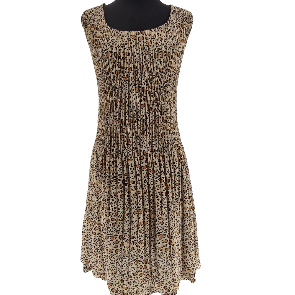 Caeliann Accordion Stretch Crinkle Animal Print Dress Size M Lined Pleated Relax
